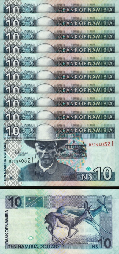 Namibia 10 Dollars 2001, UNC, 10 Pcs LOT, Consecutive, P-4c, Sign 3