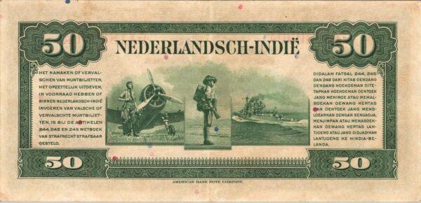 Netherlands Indies 50 Gulden 1943, aAU, P-116, Queen Wilhelmina - Image 3