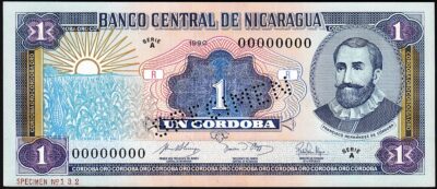 Nicaragua 1 Cordoba 1990, UNC, SPECIMEN, Serie A 00000000, P-173s