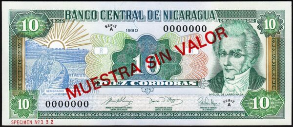 Nicaragua 10 Cordobas 1990, UNC, SPECIMEN (Muestra Sin Valor), A 0000000, P-175s