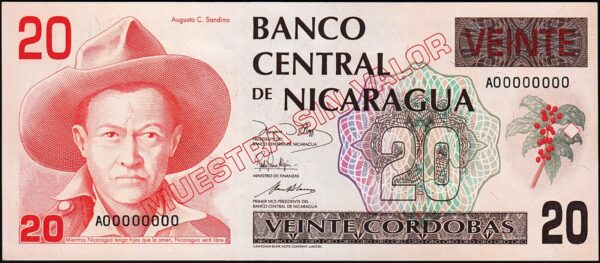 Nicaragua 20 Cordobas 1990, UNC, SPECIMEN (Muestra Sin Valor), A 00000000,P-176s