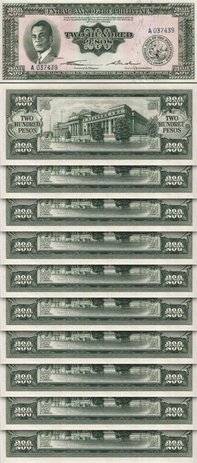 Philippines 200 Pesos, 1949, AU/UNC, 10 PCS LOT, P-140, Prefix A