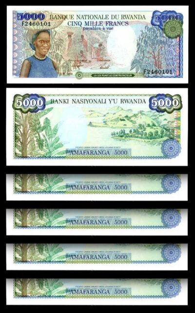 Rwanda 5000 Francs 1988, UNC, 5 Pcs Consecutive LOT, P-22a, Prefix F
