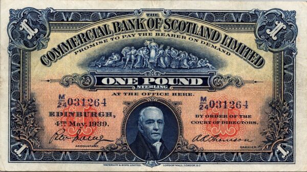 Scotland Edinburgh 1 Pound 1939, aXF, P-S331, Commercial Bank Of Scotland Ltd