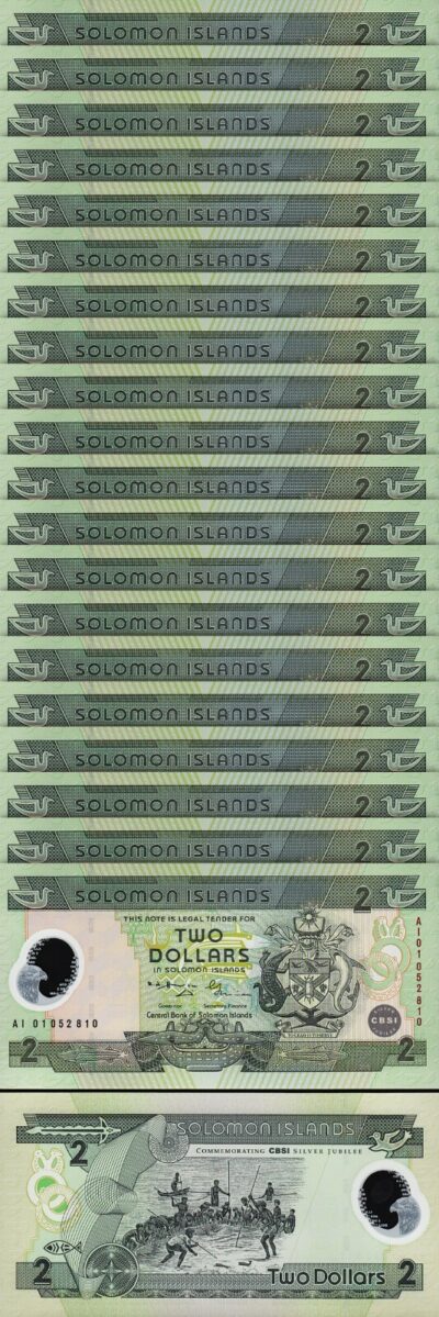 Solomon Islands 2 Dollars 2001, UNC, 20 Pcs LOT, Polymer, Comm, P-23