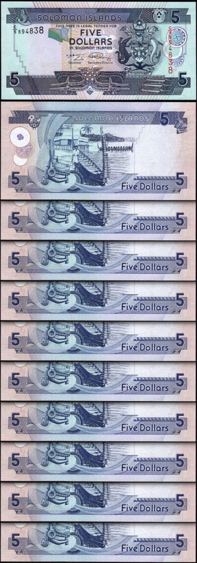 Solomon Islands 5 Dollars 2008 2009, UNC, 10 Pcs LOT, Consecutive, P-26