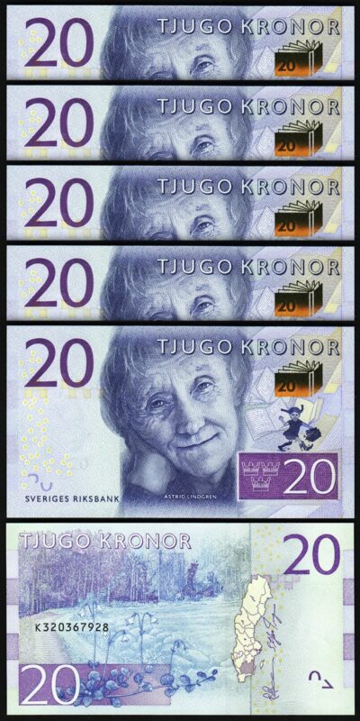 Sweden Suede 20 Kronor 2015, UNC, 5 Pcs LOT, P-69