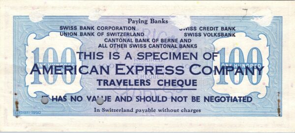 Switzerland SPECIMEN,  American Express Comp. Travellers Cheque, 100 Francs AU - Image 3