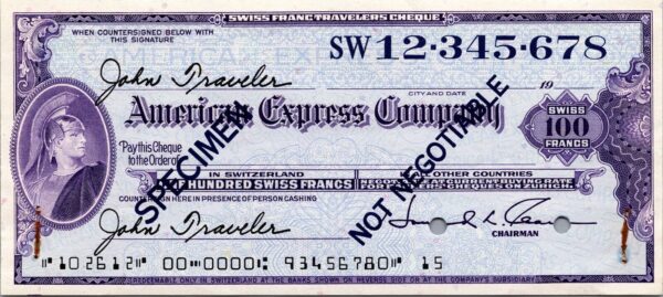 Switzerland SPECIMEN,  American Express Comp. Travellers Cheque, 100 Francs AU