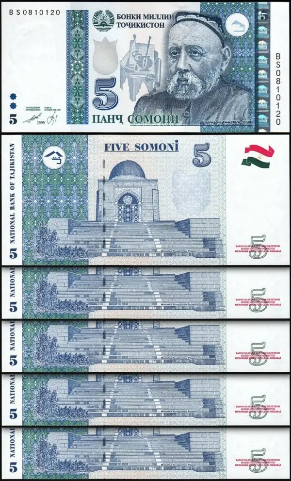 Tajikistan 5 Somoni 1999 (2013), UNC, 5 Pcs LOT, Consecutive, P-23