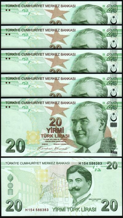 Turkey 20 Lira 2009 - 2025, UNC, 5 Pcs LOT, Consecutive,Prfx H, P-224g, NEW SIGN