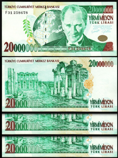 Turkey 20000000, 20,000,000, 20 Million Lira 2000, VF++, 3 Pcs LOT, P-215