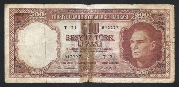 Turkey 500 Lira 1962, Poor Condition, P-178a, Brown, Prefix T, With Tape