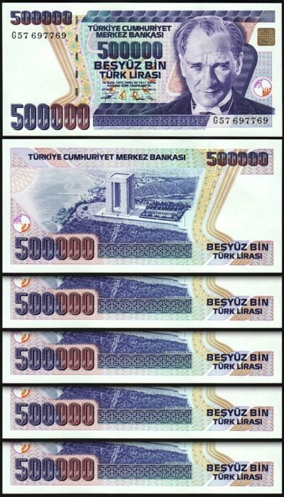 Turkey 500,000 500000 Lira 1993 (1994), UNC, 5 Pcs LOT, Prefix G, P-208c