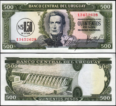 Uruguay 0.50 Nuevos Pesos on 500 Pesos, ND 1975, aUNC/UNC, P-54