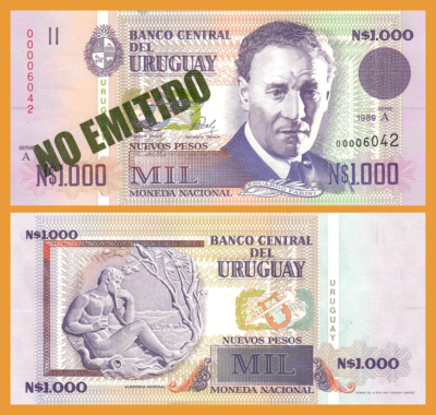 Uruguay 1000 Nuevos Pesos 1989, UNC, P.67a, Not Issued, Serie A 0000****