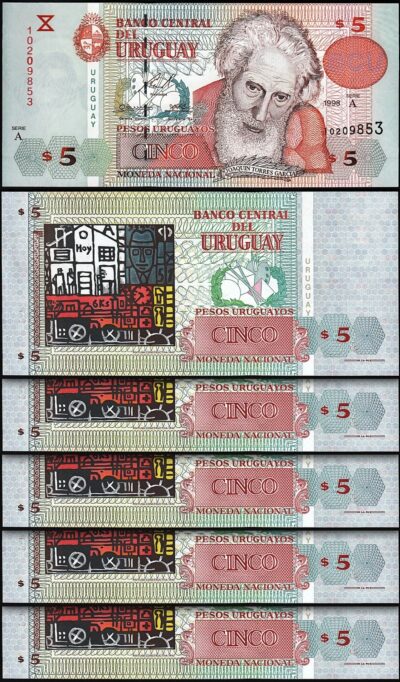 Uruguay 5 Pesos 1998, UNC, 5 Pcs LOT, P-80, Prefix A