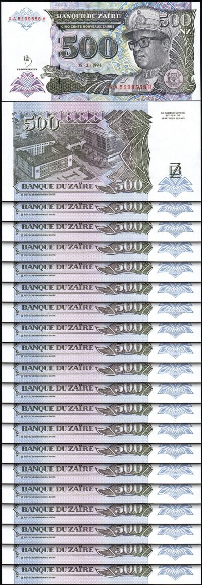 Zaire 500 Nouveaux Zaires 1994, UNC, 20 Pcs LOT,  P-63, Prefix XA