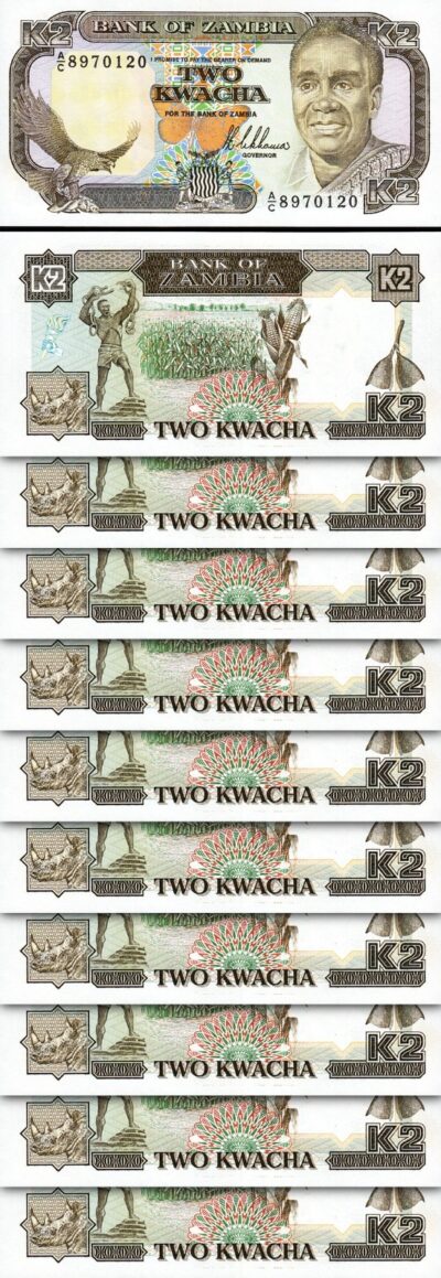 Zambia 2 Kwacha 1989, UNC, 10 Pcs LOT, Consecutive, P-29, Sign 8