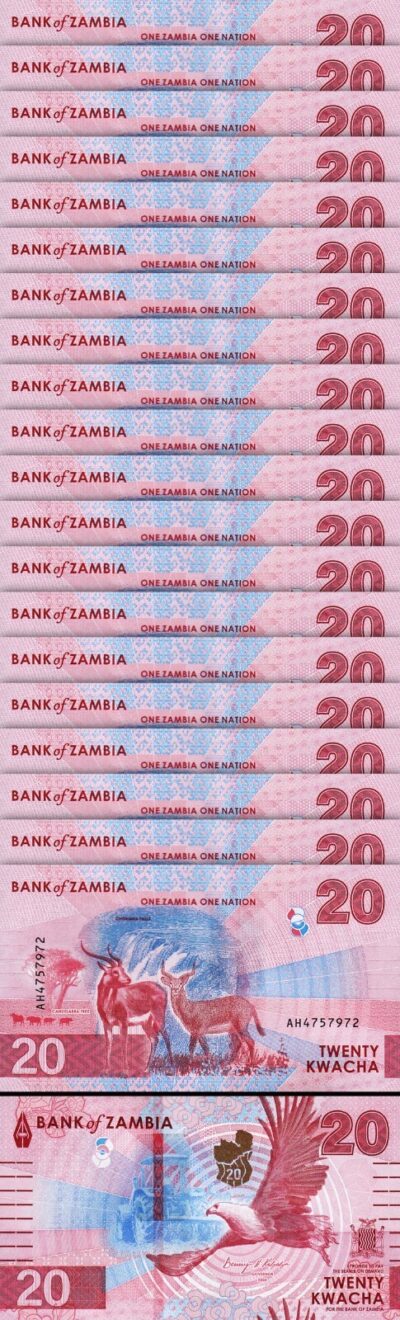 Zambia 20 Kwacha 2024 2025, UNC, 20 Pcs LOT, P-63, New Design, Deer EAGLE
