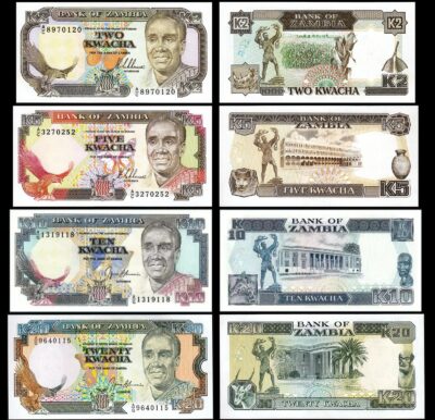 Zambia 4 Pcs SET, 2 5 10 20 Kwacha 1989 1991, UNC, P-29 30 31 32