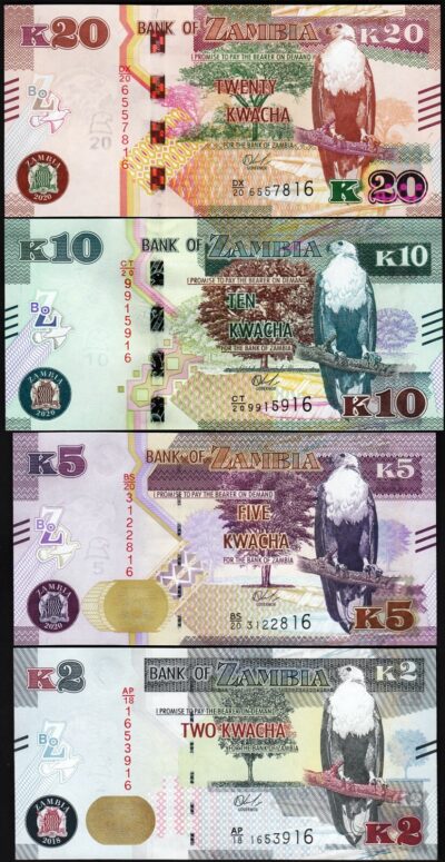 Zambia 4 Pcs SET, 2 5 10 20 Kwacha 2018 2020 2022, UNC, P-56 57 58 59