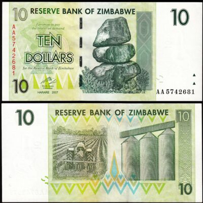 Zimbabwe 10 Dollars 2007 2008, aUNC, P-67, Prefix AA