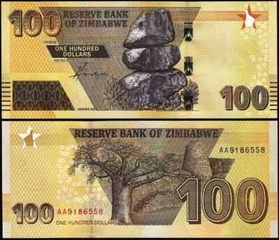 Zimbabwe 100 Dollars 2020 (2022), UNC, P-New Design, Prefix AA