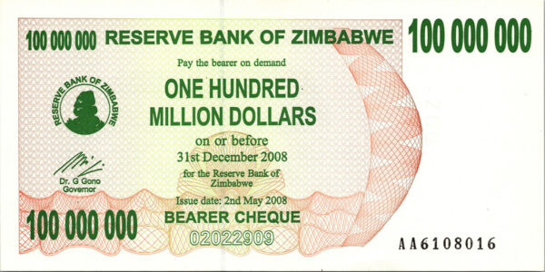 Zimbabwe 100 Million Dollars 2008, RADAR AA 610 8 016 ,UNC- P-58, Bearer Cheque