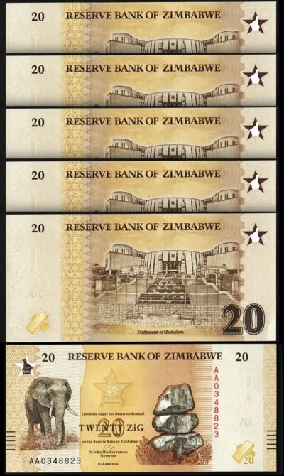 Zimbabwe 20 Zig 2026, UNC, 5 Pcs LOT, P-116 ,New Design