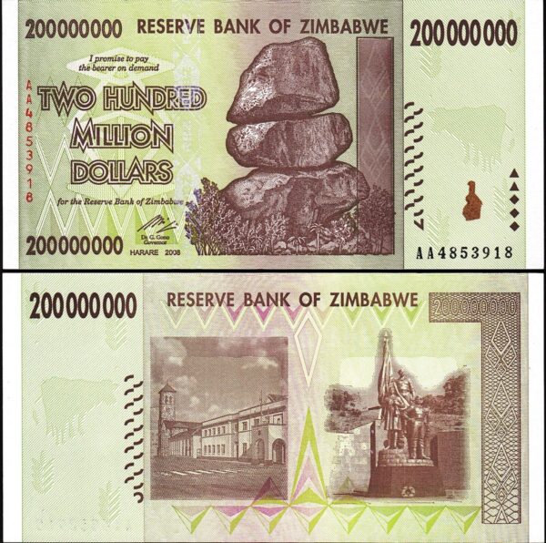 Zimbabwe 200000000, 200,000,000 - 200 Million Dollars 2008, UNC, P-81