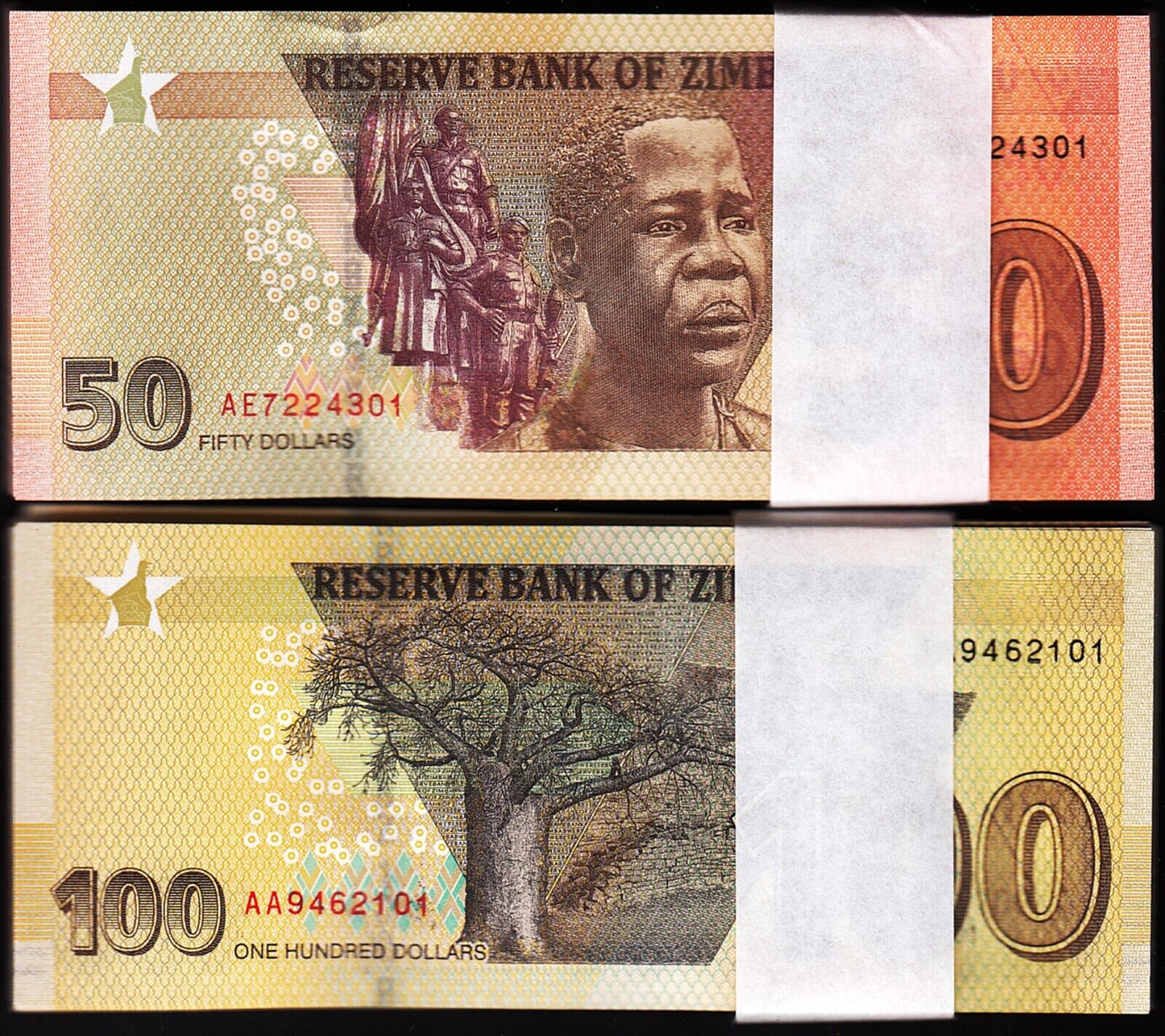 Zimbabwe 50 100 Dollars 2020 (2021) 2022, UNC, BUNDLE SET 200 Pcs, PNew Design Fortumor