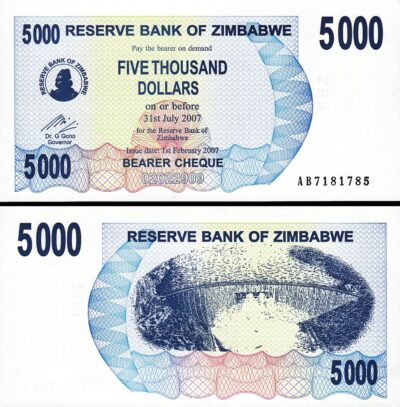 Zimbabwe 5000 Dollars 2007, UNC, P-45, Bearer Cheque