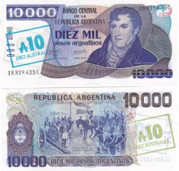 Argentina 10000 10,000 Pesos 10 Australes, 1985 Overprint, AUNC / UNC, P-322