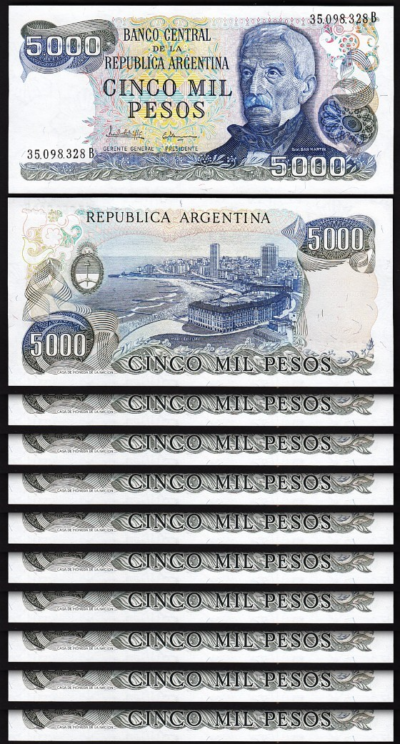 Argentina 5000 5,000 Pesos, 1977 - 1983, UNC, 10 Pcs LOT, Consecutive, P-305b(1)
