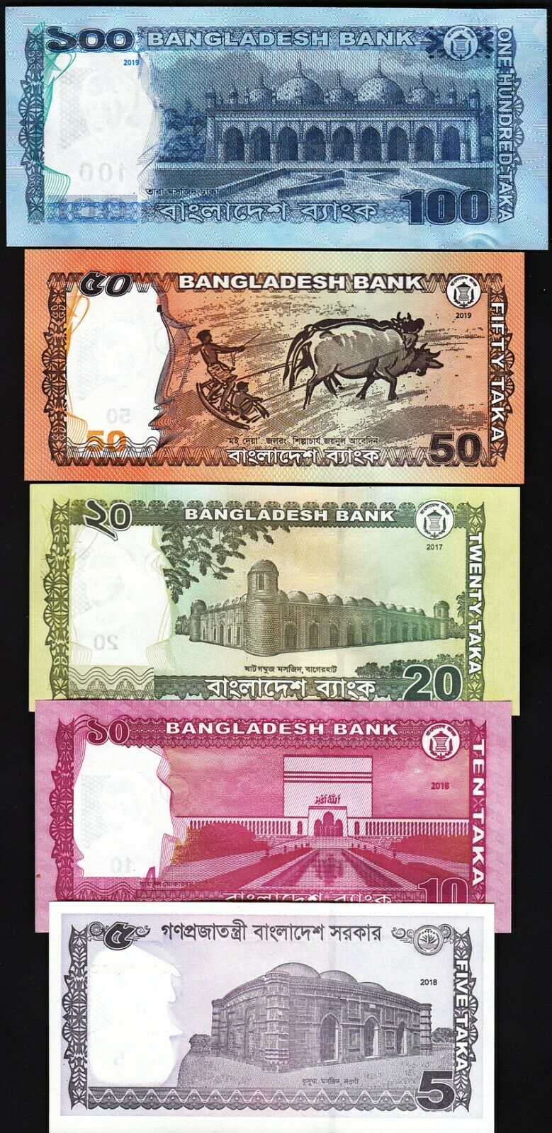 Bangladesh 5 Pcs SET, 5 10 20 50 100 Taka, 2017 2018 2019, UNC-, P