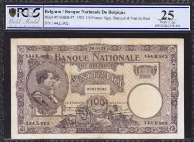 Belgium 100 Francs, 1921, PCGS 25, VF, P-95