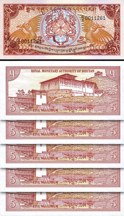 Bhutan 5 Ngultrum 1990, UNC, 5 Pcs LOT, P-14b, C/4 001