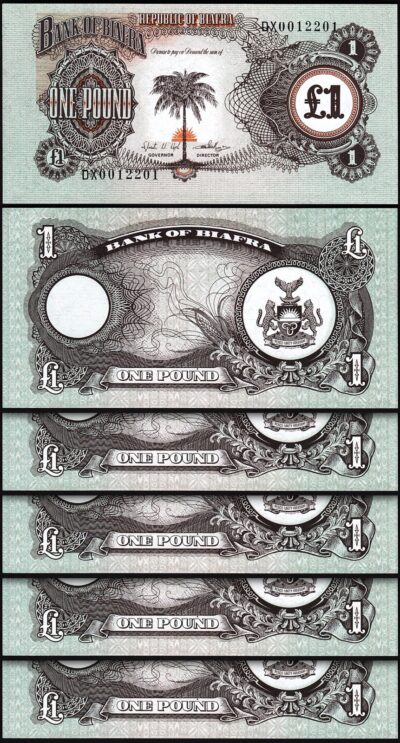 Biafra 1 Pound 1968 1969, UNC, 5 Pcs LOT, Consecutive, P-5a, Prefix DX