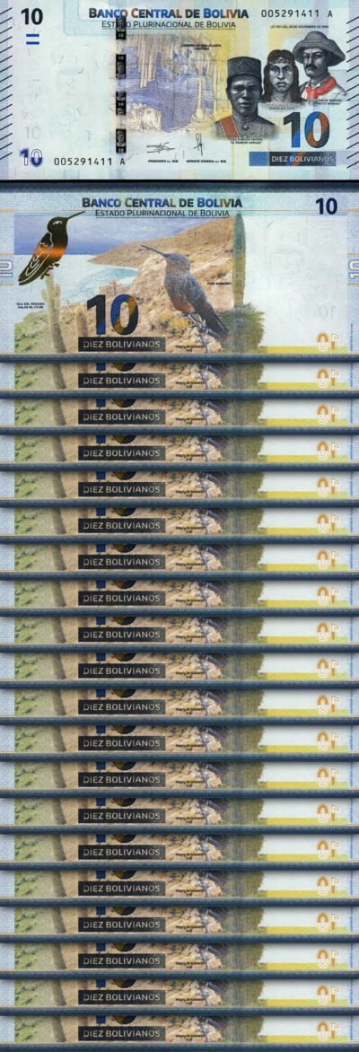 Bolivia 10 Bolivianos (1986) 2018, UNC, 20 Pcs LOT, Consecutive, P-248, Suffix A