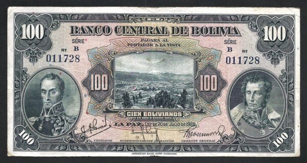 Bolivia 100 Boliviano 1928, VF+, P-125a