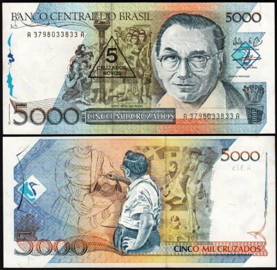 Brazil 5 Cruzados on 5000 Cruzados 1989, aUNC, with Stain, P-217b, Sign 27