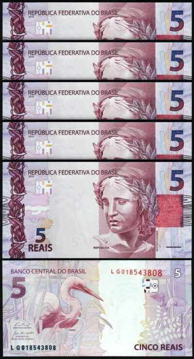 Brazil 5 Reais ND 2010 (2025), UNC, 5 Pcs LOT, Prefix LG, P-New Date, New Sign