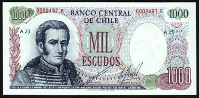Chile 1000 Pesos 1967 - 1976, UNC, REPLACEMENT, 0002497 R, P-146r, Rare !!!
