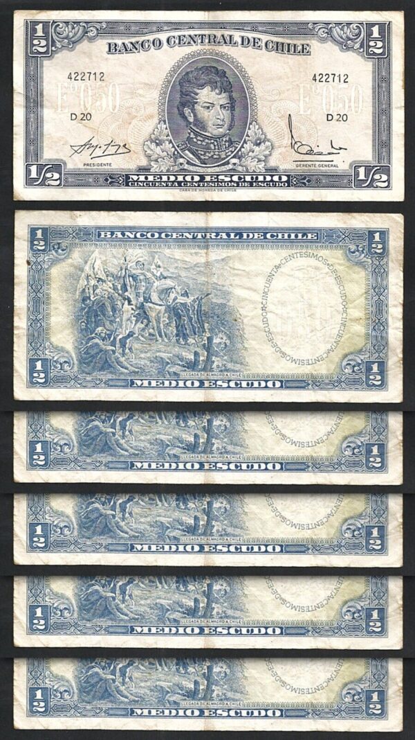 Chile 1/2 Escudo 1962 1975, aVF, 5 Pcs LOT, P-134Aa, Circulated, Sign Type 1