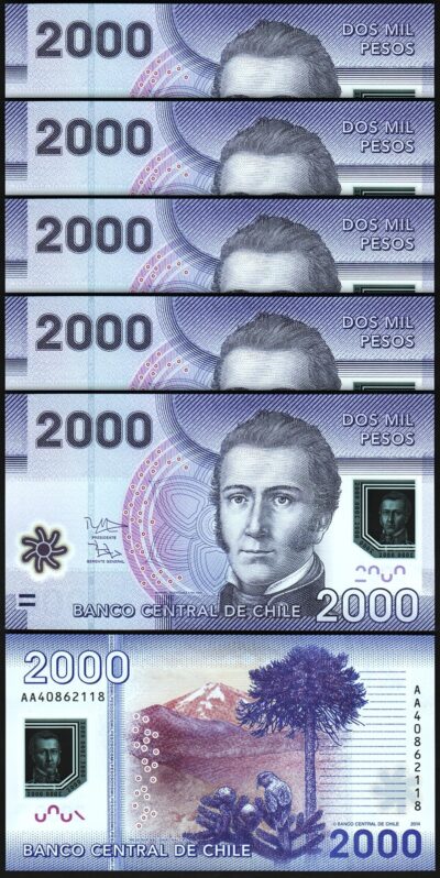 Chile 2000 Pesos 2014, UNC, 5 Pcs LOT, POLYMER, P-162d, Prefix AA