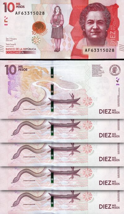 Colombia 10000 Pesos 2018, UNC, 5 Pcs LOT, Consecutive, P-460, Prefix AF