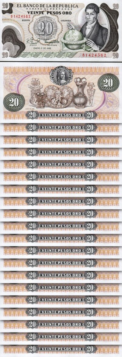 Colombia 20 Pesos 1982, UNC, 20 Pcs LOT, P-409d