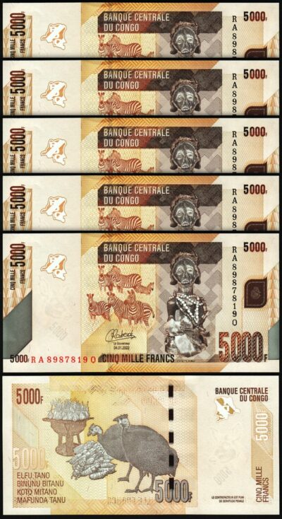 Congo Democratic Rep. 5000 Francs 2022, UNC, 5 Pcs LOT, P-102d