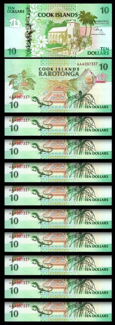 Cook Islands 10 Dollars 1992, UNC, 10 Pcs Consecutive LOT, Prefix AAA, P-8